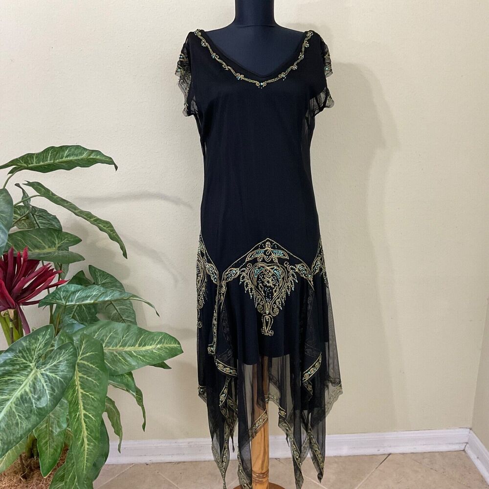 E.C.I. New York midi dress womenβs size 12 Boho Fairy Witchy Embellished asym.